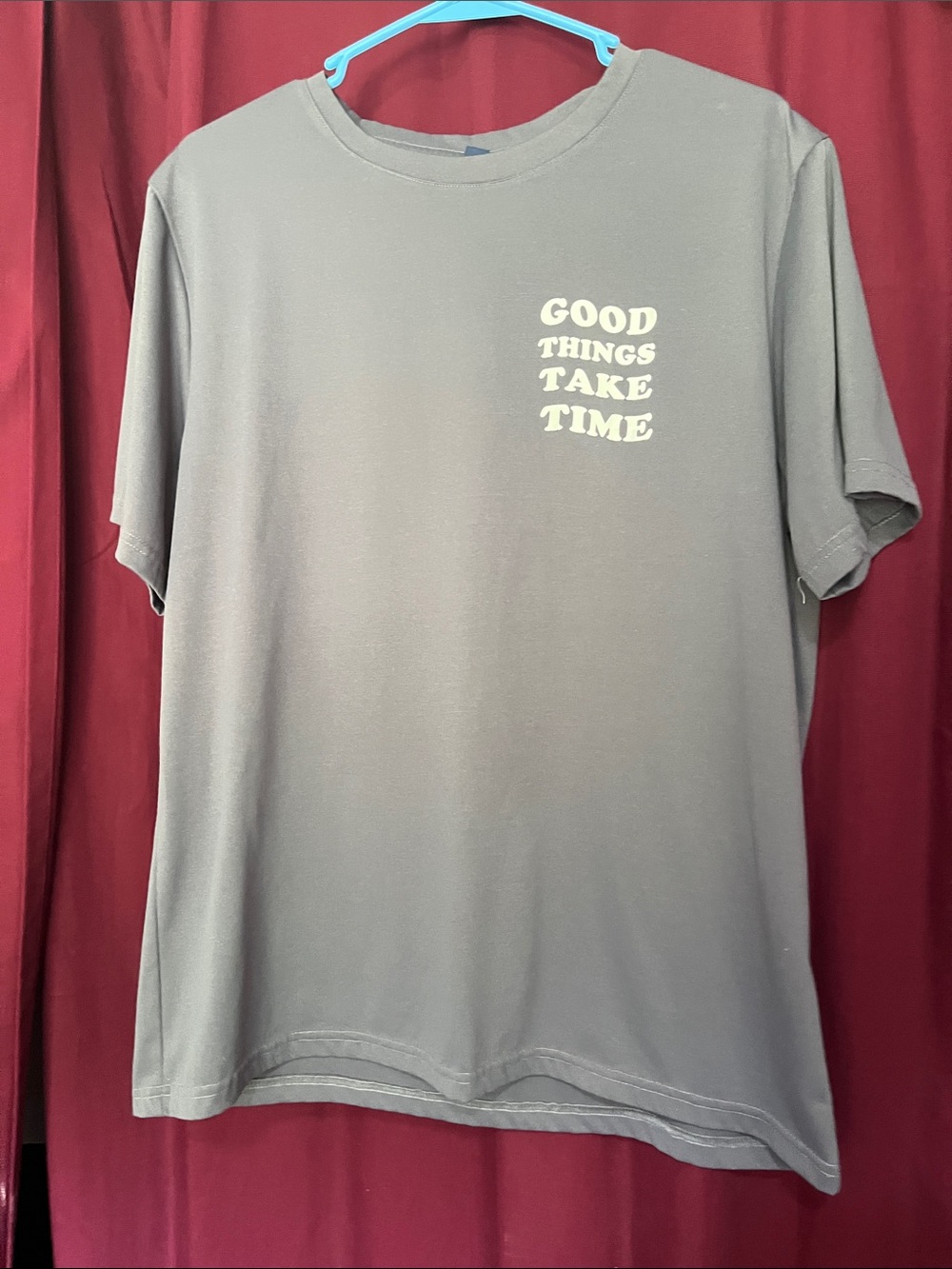 Large Charcoal Graphic Tee with 'GOOD THINGS TAKE TIME' Print